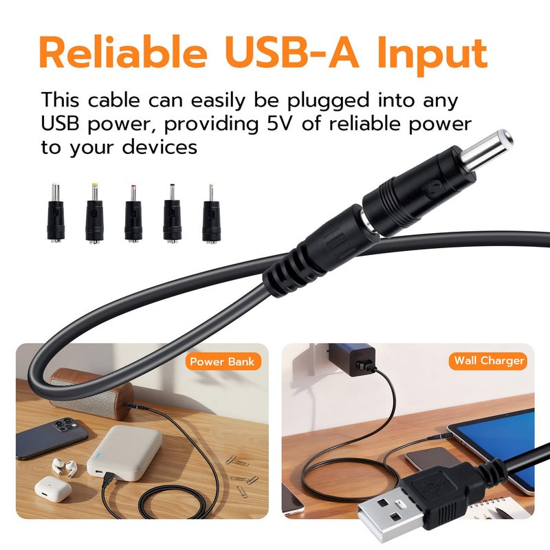 Mcbazel USB to DC 5V Power Cable 1M with 5 Interchangeable DC Connectors (5.5x2.5/4.0x1.7/3.5x1.35/3.0x1.0/2.5x0.7mm), DC Charging Cable for Router, Camera, LED Strip, Speaker - Image 3