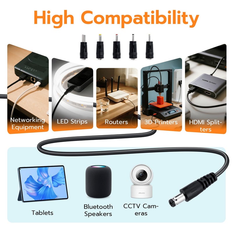 Mcbazel USB to DC 5V Power Cable 1M with 5 Interchangeable DC Connectors (5.5x2.5/4.0x1.7/3.5x1.35/3.0x1.0/2.5x0.7mm), DC Charging Cable for Router, Camera, LED Strip, Speaker - Image 5