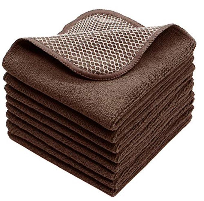 VeraSong Microfiber Dish Cloths Fast Drying Kitchen Cleaning Cloth Dish Rags Dust Cloths Ultra Absorbent Lint Free Washcloths with Poly Scrub Side 12inch x 12inch 8 Pack (Brown)