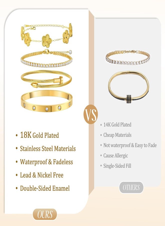MOINSPIRE Gold Bracelets for Women, 18K Gold Plated Tennis Nail Clover love Bangle Bracelets Set Non Tarnish, Stainless Steel Trendy Stackable Bracelet Fashion Jewelry Accessories Gifts for Christmas - Image 5