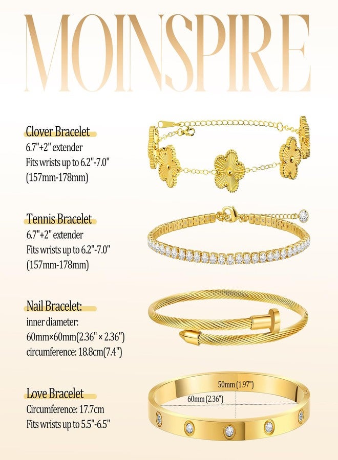 MOINSPIRE Gold Bracelets for Women, 18K Gold Plated Tennis Nail Clover love Bangle Bracelets Set Non Tarnish, Stainless Steel Trendy Stackable Bracelet Fashion Jewelry Accessories Gifts for Christmas - Image 4