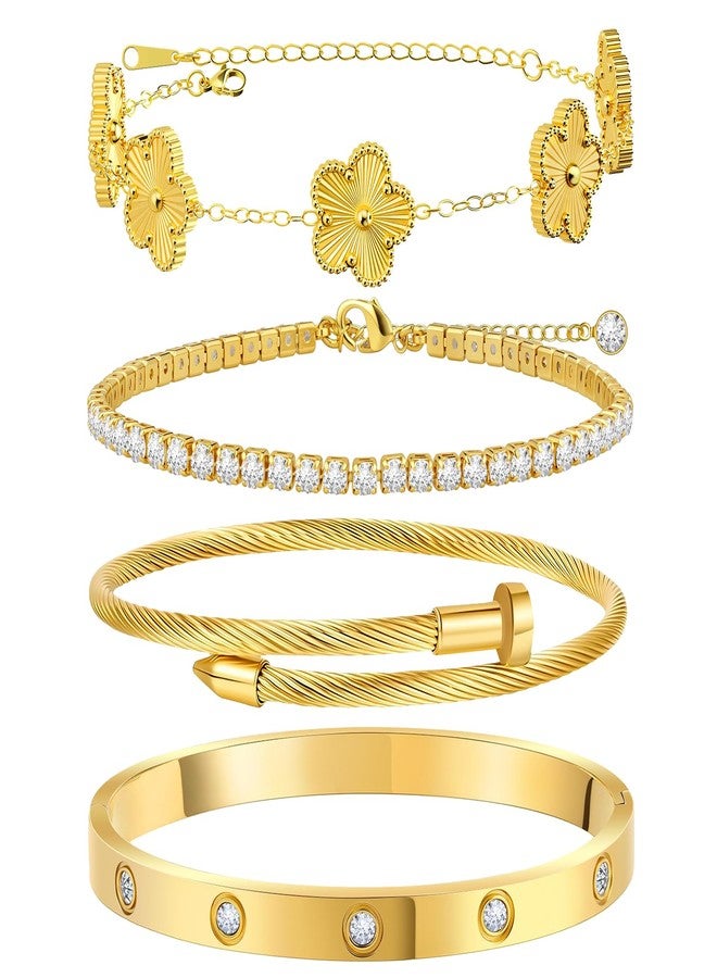 MOINSPIRE Gold Bracelets for Women, 18K Gold Plated Tennis Nail Clover love Bangle Bracelets Set Non Tarnish, Stainless Steel Trendy Stackable Bracelet Fashion Jewelry Accessories Gifts for Christmas - Image 1