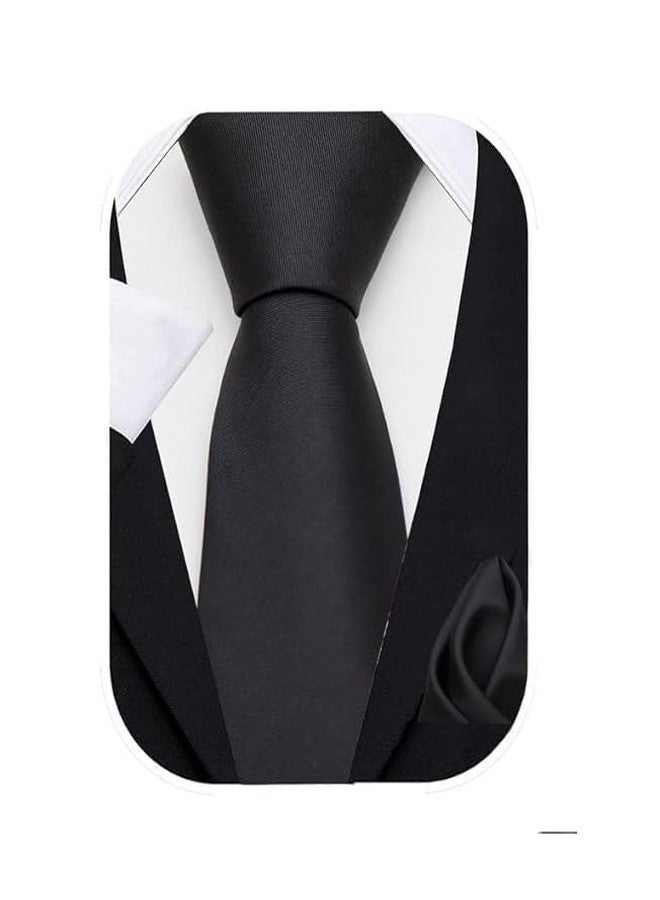 VNQ 5 Year Warranty Solid Black Color Tie and Pocket Square Set in Gift Box; Premium Handmade Neckwear for Men - Image 5