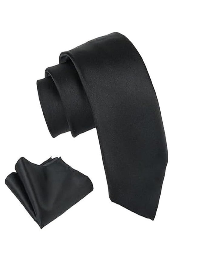 VNQ 5 Year Warranty Solid Black Color Tie and Pocket Square Set in Gift Box; Premium Handmade Neckwear for Men - Image 1
