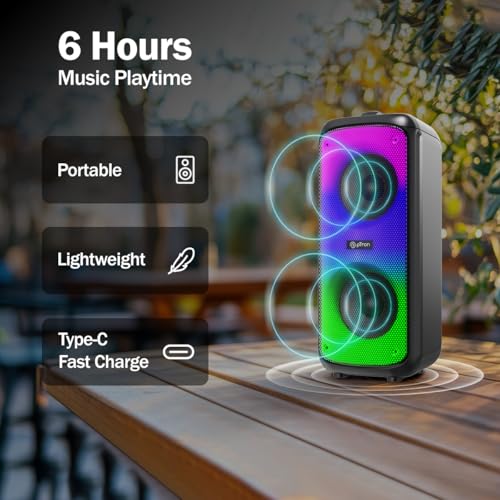 pTron Fusion Beats 48W Bluetooth Party Speaker w/Immersive Sound, Dual 4 inch Neo Drivers, Rhythmic RGB Lights, 6Hrs Playtime, BT5.3/Aux/TF Card/USB Playback Modes, Type-C Charging (Midnight Black) - Image 5