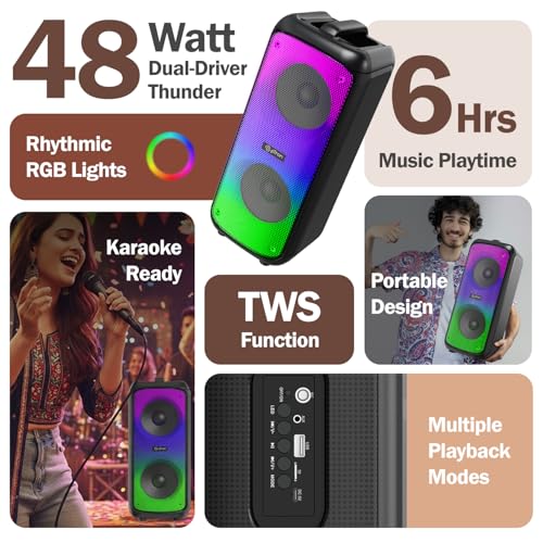 pTron Fusion Beats 48W Bluetooth Party Speaker w/Immersive Sound, Dual 4 inch Neo Drivers, Rhythmic RGB Lights, 6Hrs Playtime, BT5.3/Aux/TF Card/USB Playback Modes, Type-C Charging (Midnight Black) - Image 2