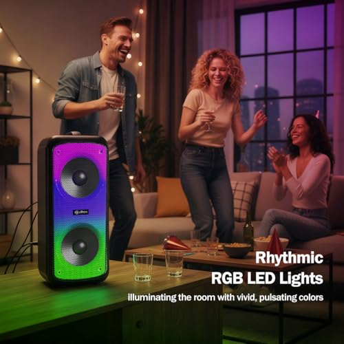 pTron Fusion Beats 48W Bluetooth Party Speaker w/Immersive Sound, Dual 4 inch Neo Drivers, Rhythmic RGB Lights, 6Hrs Playtime, BT5.3/Aux/TF Card/USB Playback Modes, Type-C Charging (Midnight Black) - Image 4