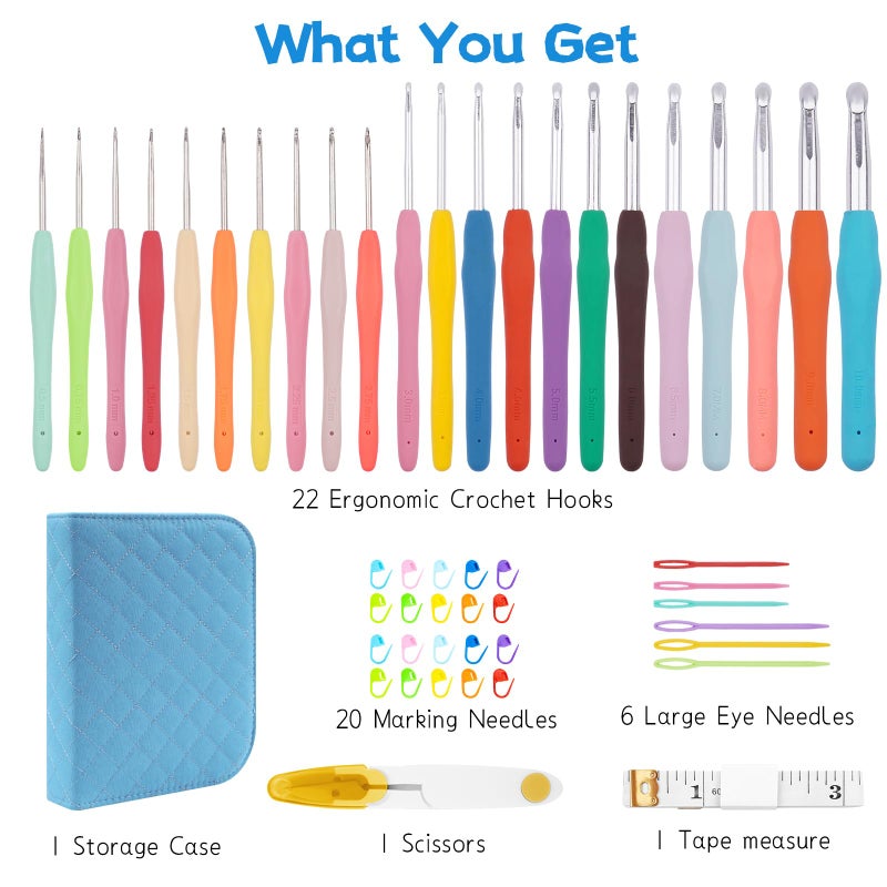 BsHooker 22 Sizes Crochet Hooks Set with Storage Case,0.5mm-10mm Crochet Hooks with Ergonomic Soft Handle for Arthritic Hands,Crochet Kit for Beginners,Blue - Image 2