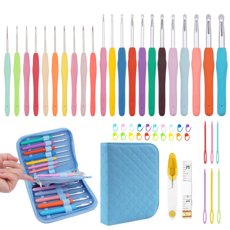 BsHooker 22 Sizes Crochet Hooks Set with Storage Case,0.5mm-10mm Crochet Hooks with Ergonomic Soft Handle for Arthritic Hands,Crochet Kit for Beginners,Blue - Image 1