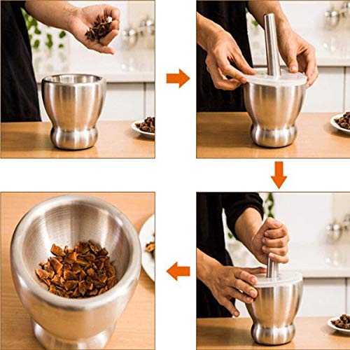 FEELING MALL Stainless Steel Mortar and Pestle Set Spice Grinder Pill with Lid for Crushing Grinding Ergonomic Design with Anti Slip Base and Comfy Grip | Hand Masher Bowl Mortar and Pestle Set Beans - Image 3