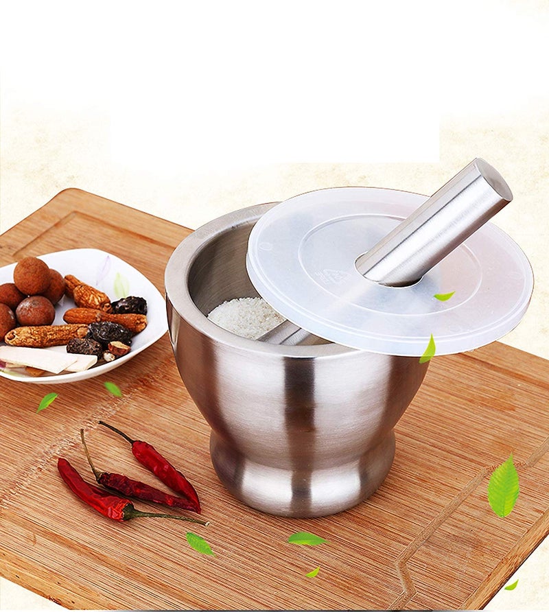 FEELING MALL Stainless Steel Mortar and Pestle Set Spice Grinder Pill with Lid for Crushing Grinding Ergonomic Design with Anti Slip Base and Comfy Grip | Hand Masher Bowl Mortar and Pestle Set Beans - Image 1