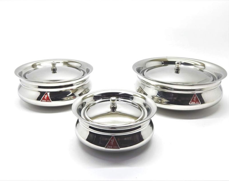 JEE ALTO Stainless Steel Kitchen Serving Cooking Bowl Handi Set 3Pieces Biryani Handi Size Small 350 ml Medium 550 ml Big 750 ml - Image 2