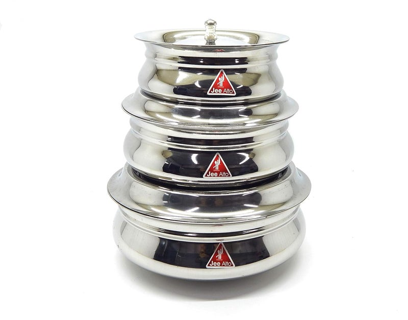 JEE ALTO Stainless Steel Kitchen Serving Cooking Bowl Handi Set 3Pieces Biryani Handi Size Small 350 ml Medium 550 ml Big 750 ml - Image 1