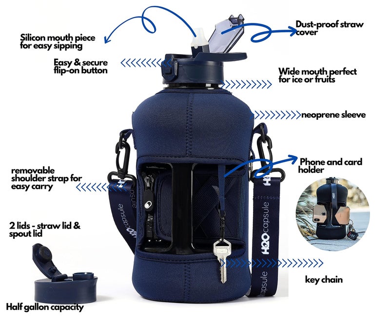 H2O Capsule 2.2L Half Gallon Water Bottle with Storage Sleeve and Covered Straw Lid - BPA Free Large Reusable Drink Container with Handle - Big Sports Jug  2.2 Liter (74 Ounce) Navy Blue - Image 2