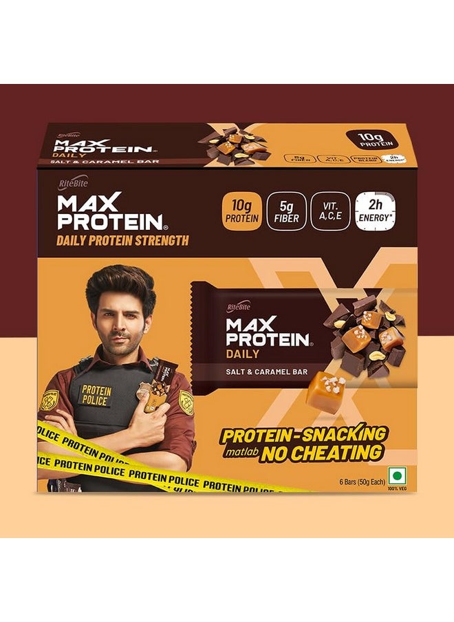 RiteBite Max Protein 10G Daily Salt & Caramel Protein Bars Pack Of 6, Fiber, Vitamins & Minerals, No Preservatives, 100% Veg, No Added Sugar,350 Grams  - Image 1