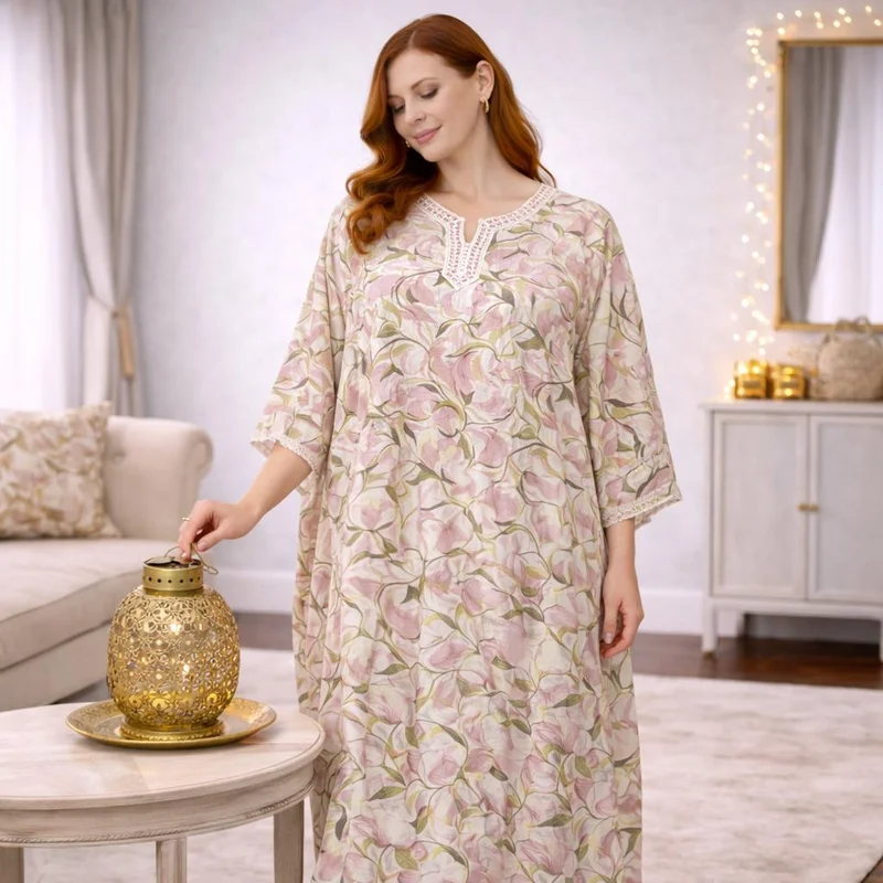 Artemea  Elegant Floral Printed Kaftan with Embroidered Neckline for Women | Best Price UAE