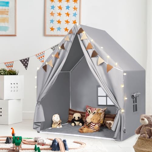 MORITECK Kids Play Tent with Padded Mat Star LED Lights for Ages 4810 Year Old Girls Boys Large Cute Indoor Play Room House Tent for Toddler Children Grey - Image 5