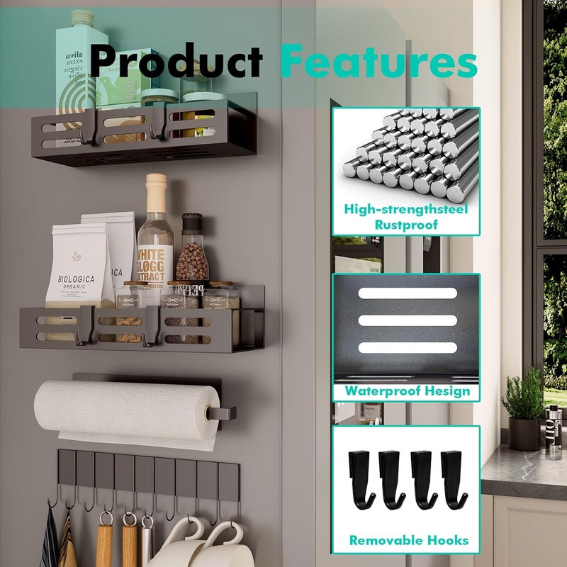 SETBAOO 4 Pack Magnetic Spice Rack for Refrigerator with 4-Hook Rack and Paper Towel Holder, Black Magnetic Shelf and Fridge Kitchen Cabinet Organizers Storage Seasoning Organization Mini Shelves. - Image 4