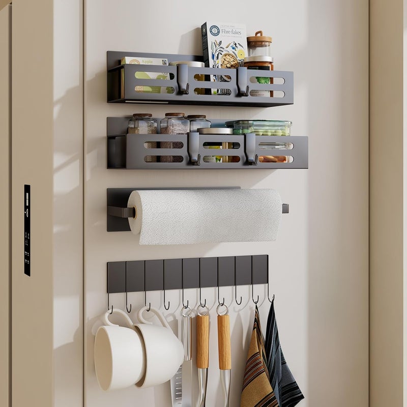 SETBAOO 4 Pack Magnetic Spice Rack for Refrigerator with 4-Hook Rack and Paper Towel Holder, Black Magnetic Shelf and Fridge Kitchen Cabinet Organizers Storage Seasoning Organization Mini Shelves. - Image 1