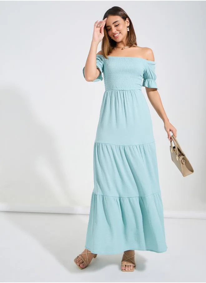 Styli Smocked Solid Off-Shoulder Tiered Maxi Dress