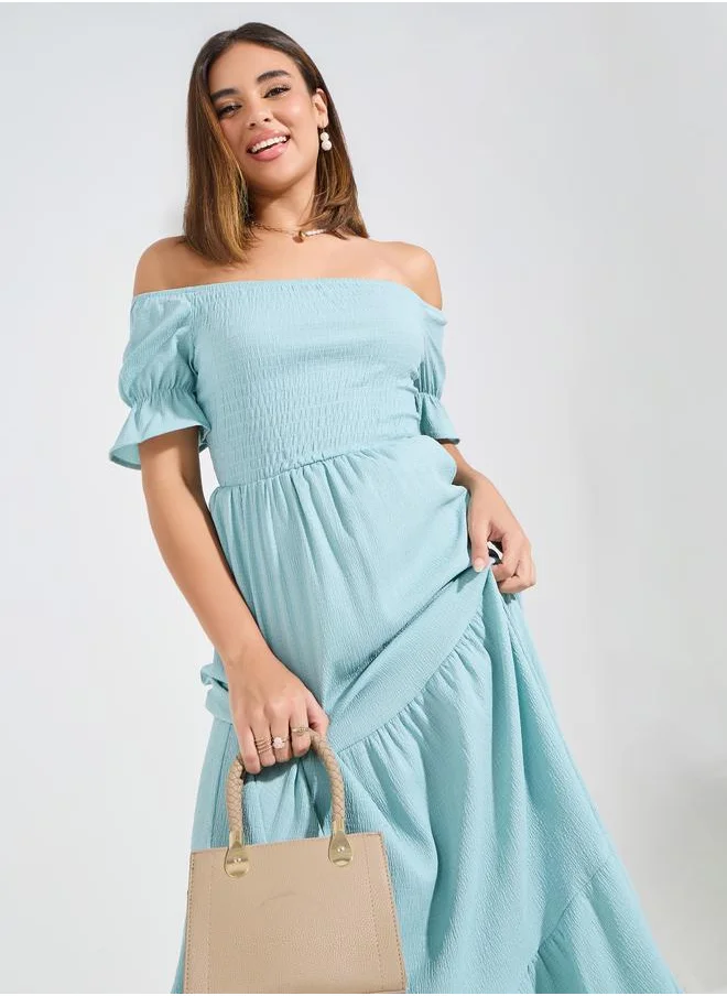 Styli Smocked Solid Off-Shoulder Tiered Maxi Dress