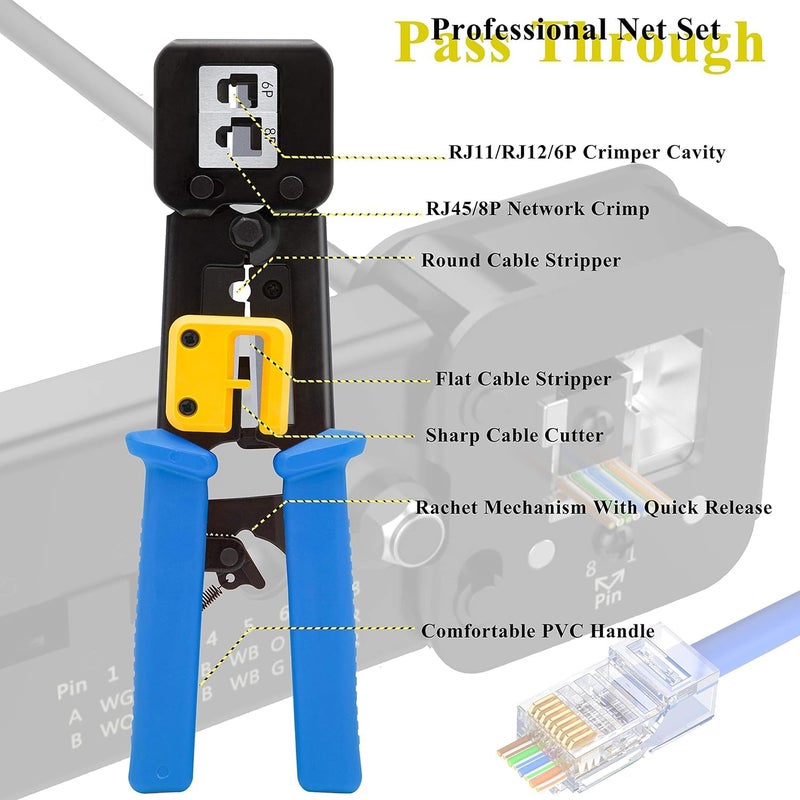 Crimper for Internet & Telephone Wires, Network Cable Tips Fastener Tool, Heavy Duty Crimping Tool for Connectors Compatible with RJ11 & RJ45 Sockets, Professional for Cat5 5e Cat6 Network Cables - Image 2