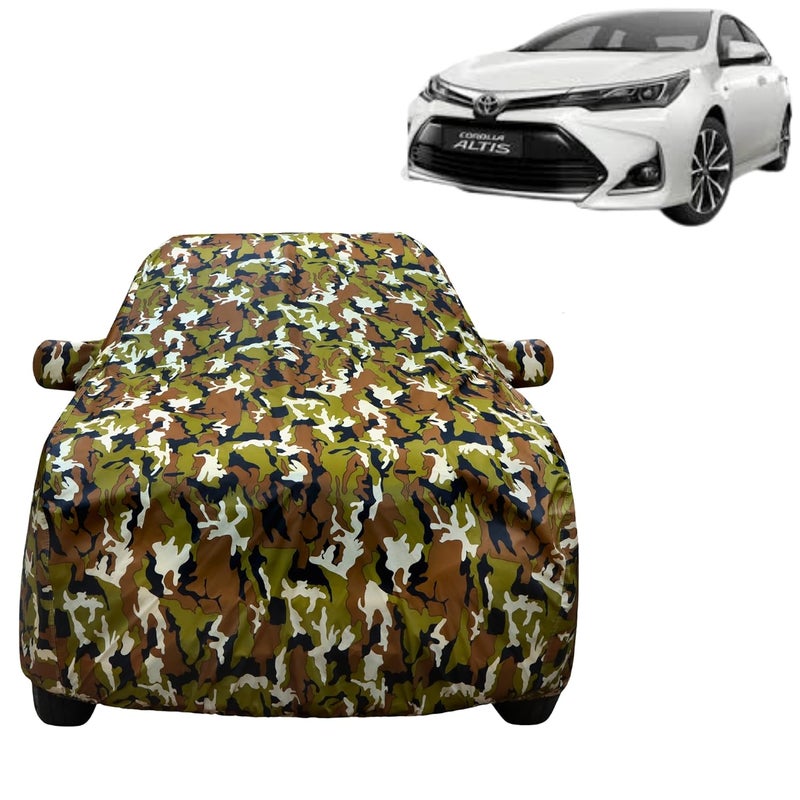 VYAS 100% Waterproof Car Body Cover for Toyota Altis (2009-2020) with Mirror Pocket Triple Stitched Belt & Buckle Fitting Dual Elastic, Durable Material Jungle Print Camouflage Design - Image 1