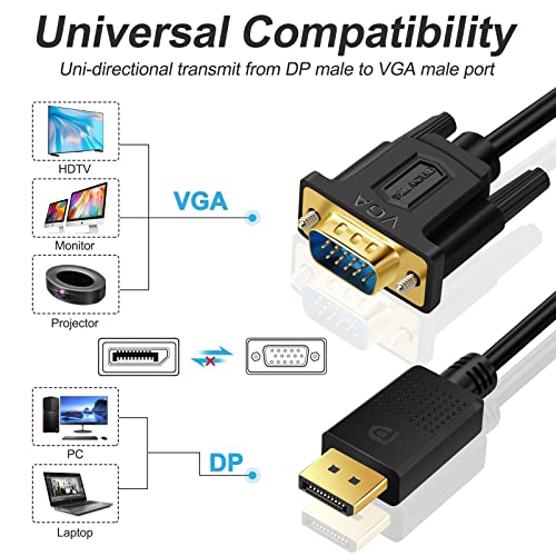 SHULIANCABLE Displayport to VGA Cable, DisplayPort to VGA Adapter DP to VGA Cable Male to Male Gold-Plated for Computer, Laptop, PC, Monitor, TV, Projector (10 Feet) - Image 2
