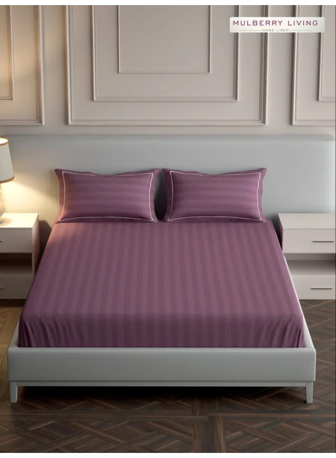 MULBERRY LIVING 100% Cotton - 300Tc Elysian Stripes Queen Size (160X200 Cms) Fitted Bedsheet With 2 Pillow Covers (50X75 Cm) - Plum