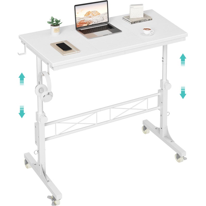 WINAZ Small Portable Treadmill Walking Pad Desk on Wheels, 32 Inch White Adjustable Height Mobile Rolling Standing Teacher Desks, Couch Sofa Side Laptop Stand Up Table for Bedroom, White - Image 1