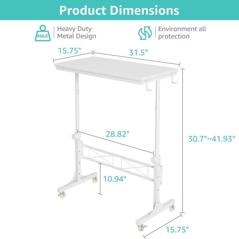 WINAZ Small Portable Treadmill Walking Pad Desk on Wheels, 32 Inch White Adjustable Height Mobile Rolling Standing Teacher Desks, Couch Sofa Side Laptop Stand Up Table for Bedroom, White - Image 3