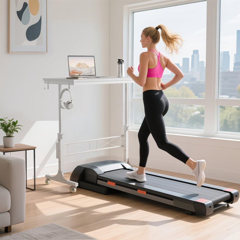 WINAZ Small Portable Treadmill Walking Pad Desk on Wheels, 32 Inch White Adjustable Height Mobile Rolling Standing Teacher Desks, Couch Sofa Side Laptop Stand Up Table for Bedroom, White - Image 2
