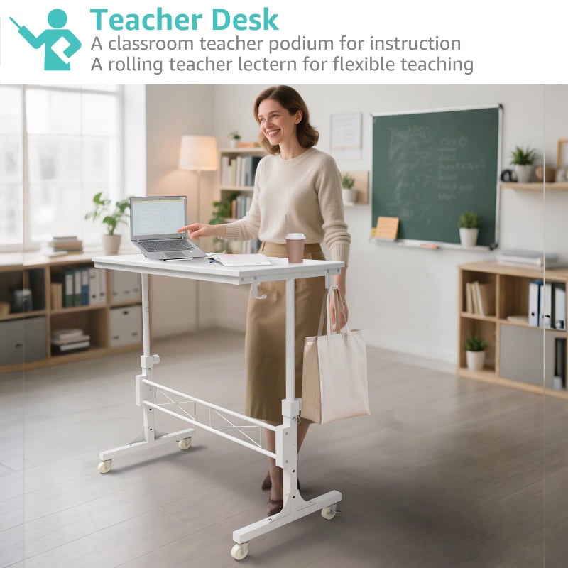 WINAZ Small Portable Treadmill Walking Pad Desk on Wheels, 32 Inch White Adjustable Height Mobile Rolling Standing Teacher Desks, Couch Sofa Side Laptop Stand Up Table for Bedroom, White - Image 4