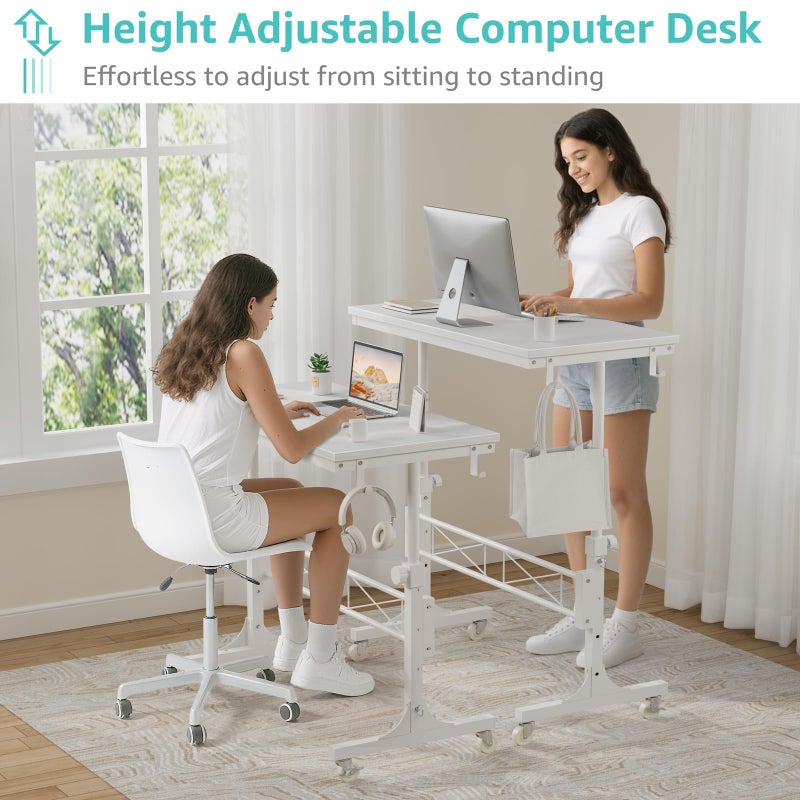 WINAZ Small Portable Treadmill Walking Pad Desk on Wheels, 32 Inch White Adjustable Height Mobile Rolling Standing Teacher Desks, Couch Sofa Side Laptop Stand Up Table for Bedroom, White - Image 5