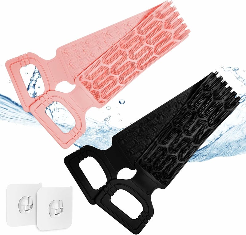 Manmihealth Silicone Back Scrubber for Shower 275 Long Strap Body Scrubber with Handles DualSided Exfoliating Massaging Back Brush with 2 HooksBlackPink - Image 1