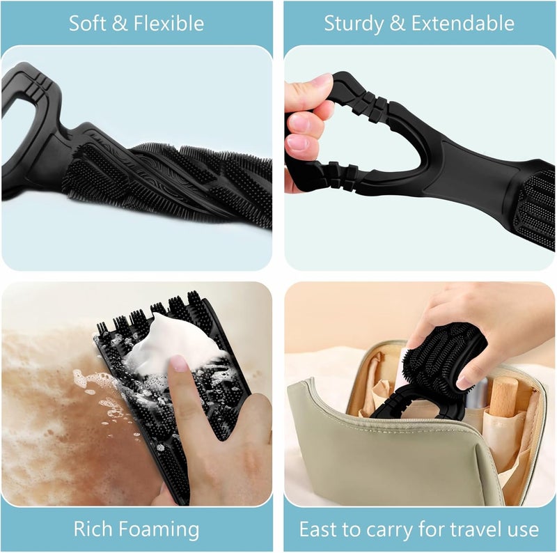 Manmihealth Silicone Back Scrubber for Shower 275 Long Strap Body Scrubber with Handles DualSided Exfoliating Massaging Back Brush with 2 HooksBlackPink - Image 5