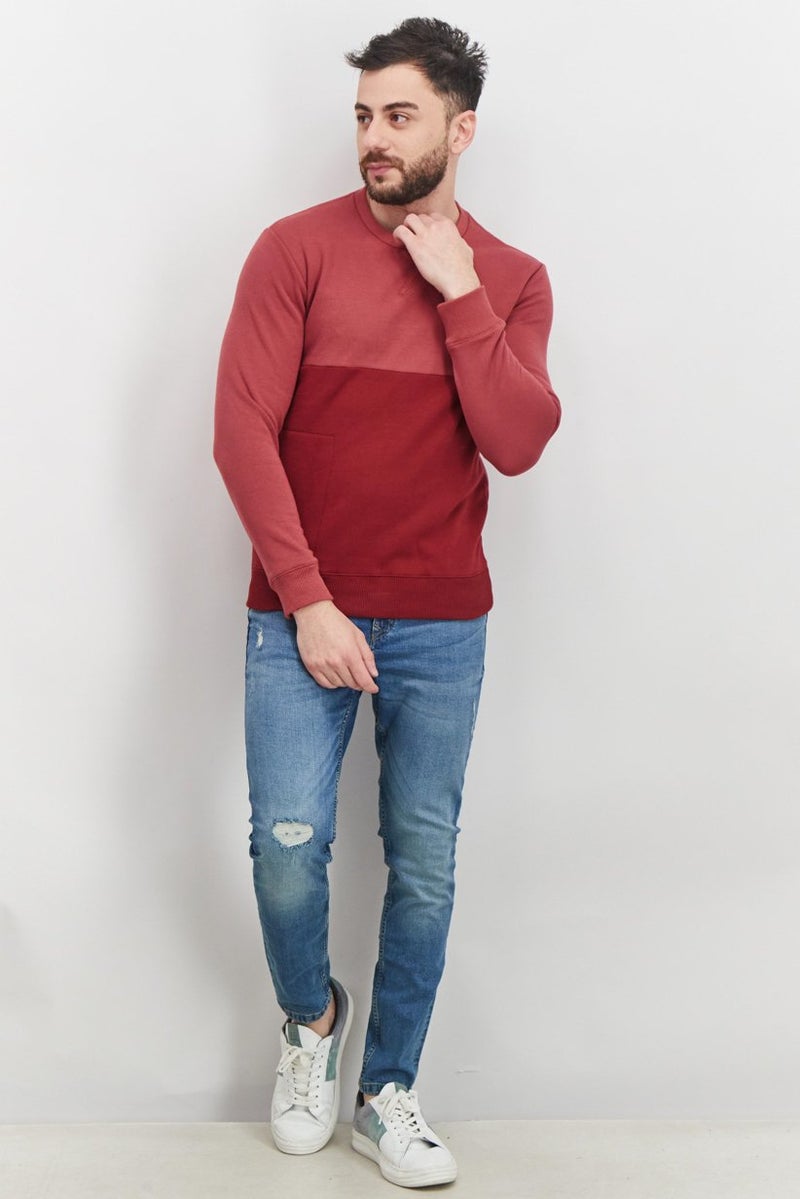 Natori Men Crew Neck Color Block Long Sleeve Sweatshirt, Faded Red - Image 3
