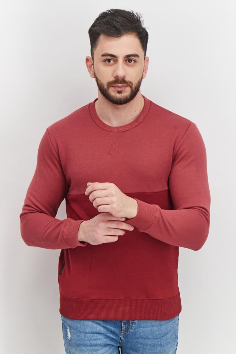 Natori Men Crew Neck Color Block Long Sleeve Sweatshirt, Faded Red - Image 1
