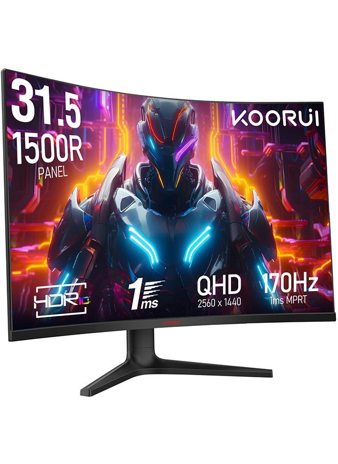 KOORUI - 31.5-Inch Curved Gaming Monitor 1500R QHD 2560 x 1440, Up to 170Hz Refresh Rate, 1ms Response Time, sRGB 100% Color Gamut, DCI-P3 90%, 3000: 1 Static Contrast, 16.7 Maximum Color, HDR10, Audio Interface, Tilt Adjustable, DisplayPort and HDMI, VESA Compatible, Eye Protection, Crosshair, Timer, Free-sync, G-sync Compatible | 32E6QC - Image 1