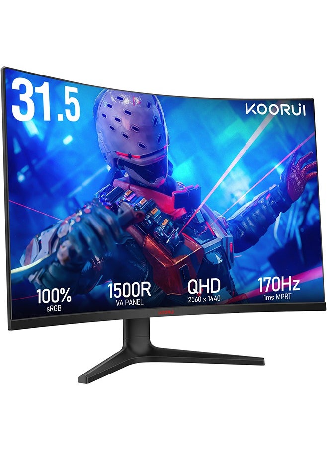 KOORUI - 31.5-Inch Curved Gaming Monitor 1500R QHD 2560 x 1440, Up to 170Hz Refresh Rate, 1ms Response Time, sRGB 100% Color Gamut, DCI-P3 90%, 3000: 1 Static Contrast, 16.7 Maximum Color, HDR10, Audio Interface, Tilt Adjustable, DisplayPort and HDMI, VESA Compatible, Eye Protection, Crosshair, Timer, Free-sync, G-sync Compatible | 32E6QC - Image 1