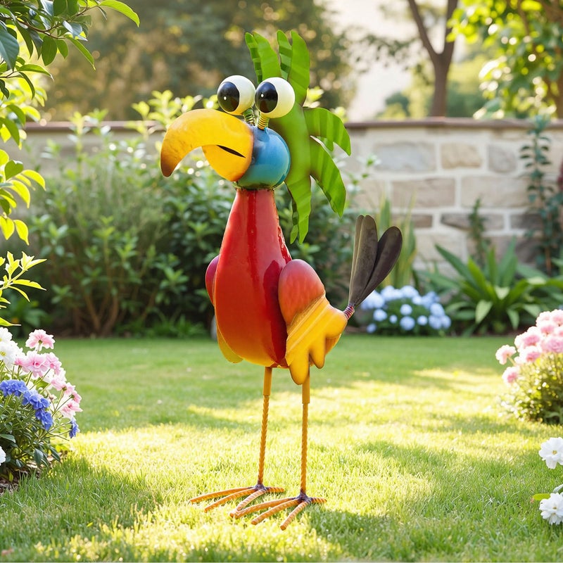 Ultym 19.7" Unique Cartoon Tiki Bird Decor, Handcrafted Large Parrot Sculpture with Ground Stake, Weatherproof Metal Yard Art for Patio, Lawn, Balcony or Indoor Home Decor, Ideal for Parties & Gifts - Image 5