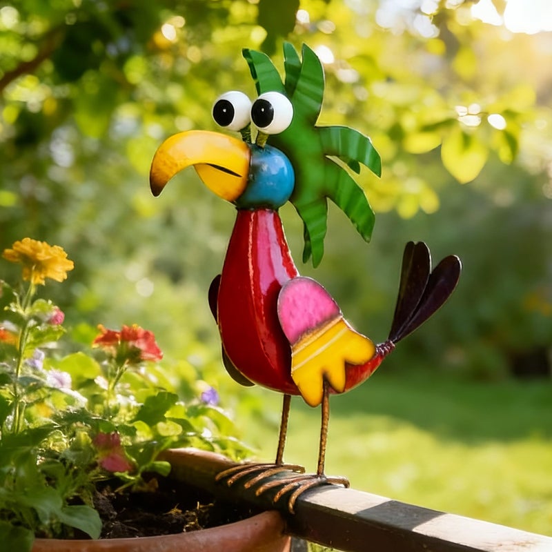 Ultym 19.7" Unique Cartoon Tiki Bird Decor, Handcrafted Large Parrot Sculpture with Ground Stake, Weatherproof Metal Yard Art for Patio, Lawn, Balcony or Indoor Home Decor, Ideal for Parties & Gifts - Image 1
