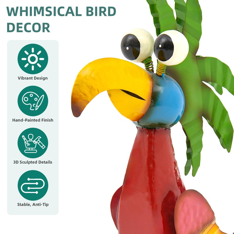 Ultym 19.7" Unique Cartoon Tiki Bird Decor, Handcrafted Large Parrot Sculpture with Ground Stake, Weatherproof Metal Yard Art for Patio, Lawn, Balcony or Indoor Home Decor, Ideal for Parties & Gifts - Image 2