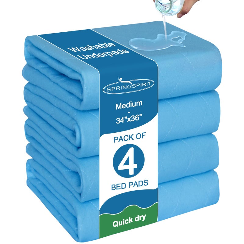 SPRINGSPIRIT Bed Pads Washable Waterproof 34 x 36 Pack of 4 Reusable Incontinence Underpads for Adults Washable Pee Pads Great for Dogs Cats Bunny Seniors Bed Pad Blue