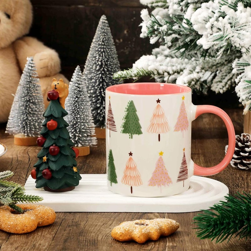 Whaline Boho Christmas Mug Pink Green Xmas Tree Coffee Mug Boho Tree Ceramic Drinking Mugs for Xmas Winter Party Supplies Table Centerpieces 12oz - Image 4