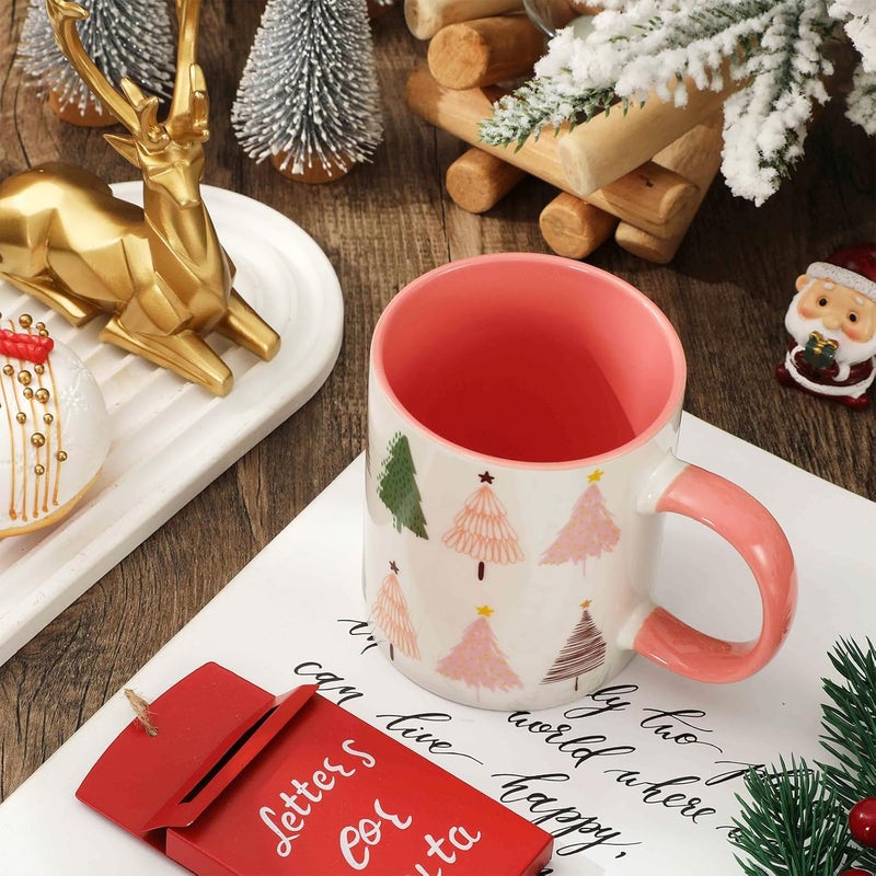 Whaline Boho Christmas Mug Pink Green Xmas Tree Coffee Mug Boho Tree Ceramic Drinking Mugs for Xmas Winter Party Supplies Table Centerpieces 12oz - Image 3