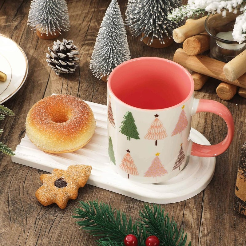 Whaline Boho Christmas Mug Pink Green Xmas Tree Coffee Mug Boho Tree Ceramic Drinking Mugs for Xmas Winter Party Supplies Table Centerpieces 12oz - Image 5