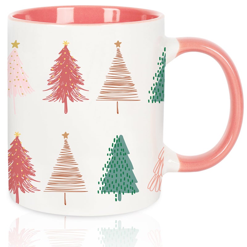 Whaline Boho Christmas Mug Pink Green Xmas Tree Coffee Mug Boho Tree Ceramic Drinking Mugs for Xmas Winter Party Supplies Table Centerpieces 12oz - Image 1