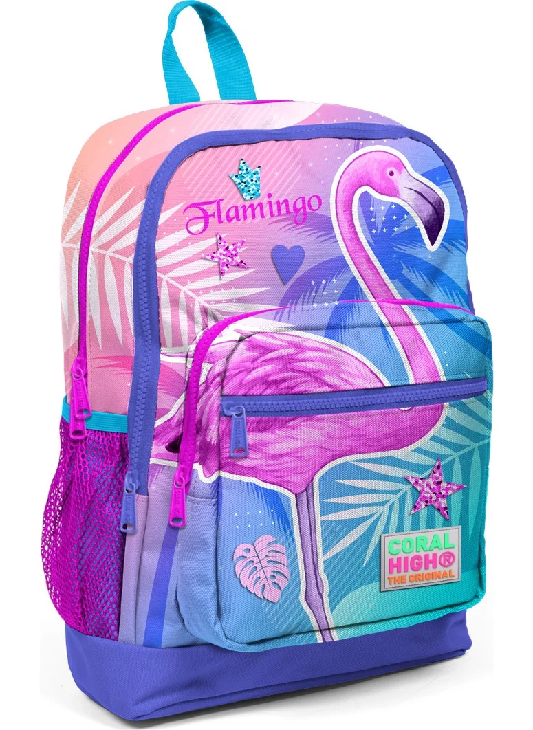 CORAL HIGH Kids Four Compartment School Backpack Lavender Pink Flamingo Pattern 23705