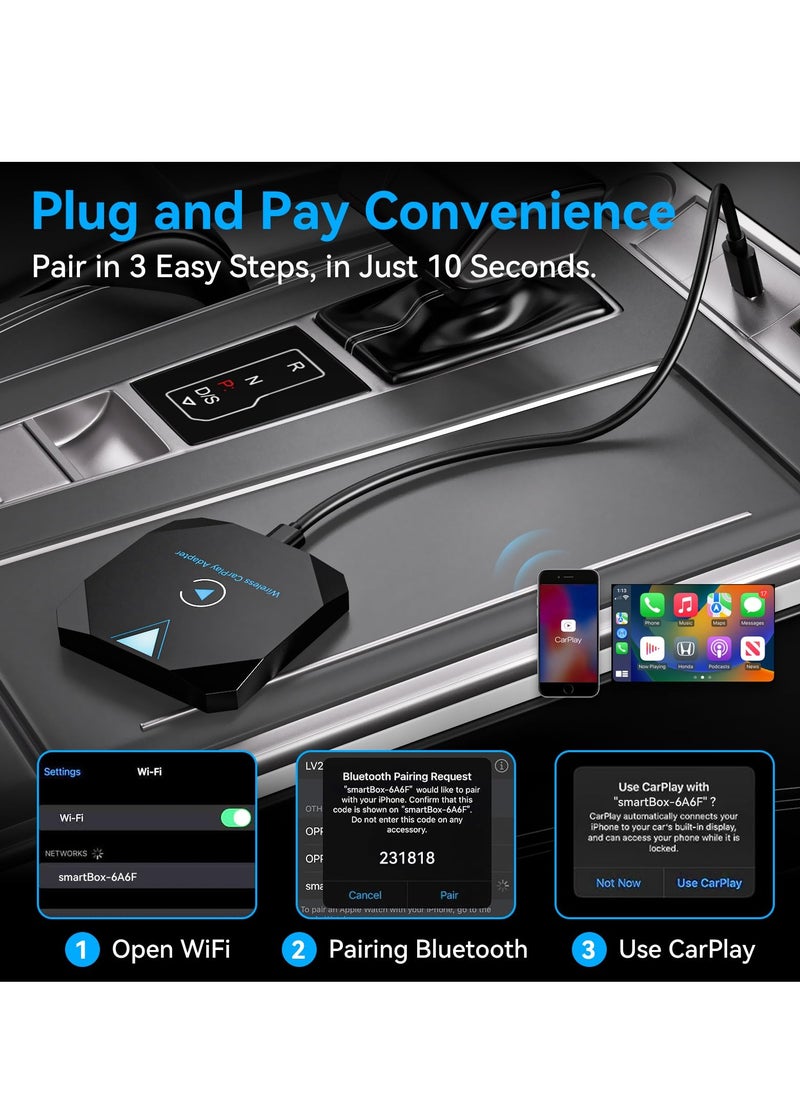 Wireless CarPlay Adapter - Bluetooth Dongle for Smart Magic Link, Converts Wired to Wireless, Plug & Play, Compatible with 2015+ Cars & iPhone iOS 10+, Retains Original Controls.